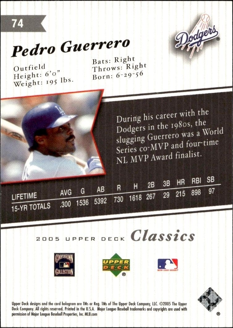 2005 Upper Deck Classics Pedro Guerrero #74 baseball trading card back