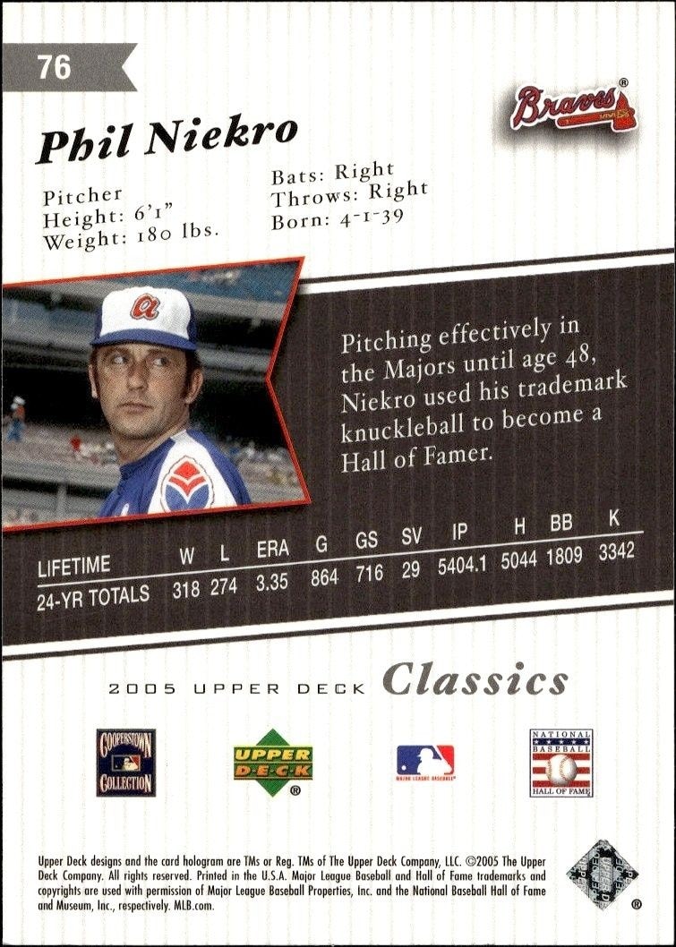 2005 Upper Deck Classics Phil Niekro #76 baseball trading card back
