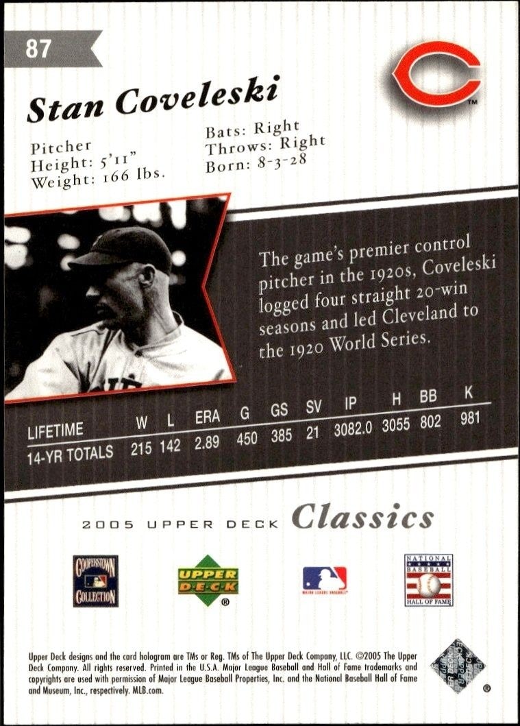 2005 Upper Deck Classics Stan Coveleski #87 baseball trading card back