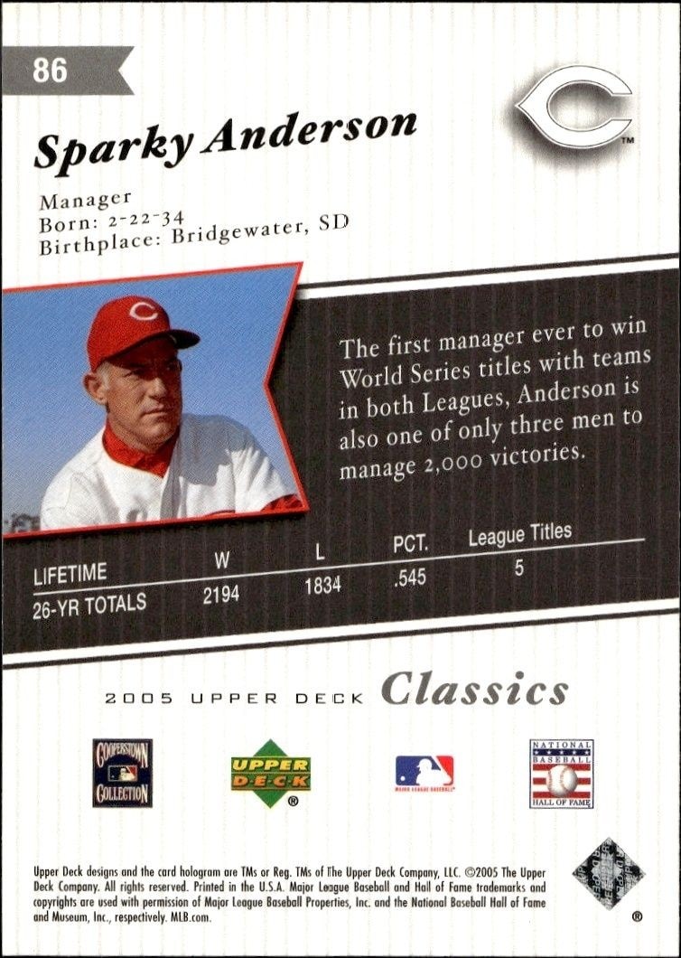 2005 Upper Deck Classics Sparky Anderson #86 baseball trading card back