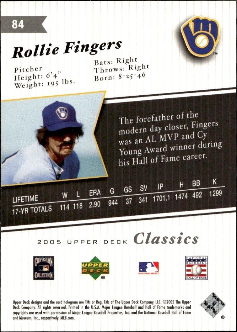 2005 Upper Deck Classics Rollie Fingers #84 baseball trading card back