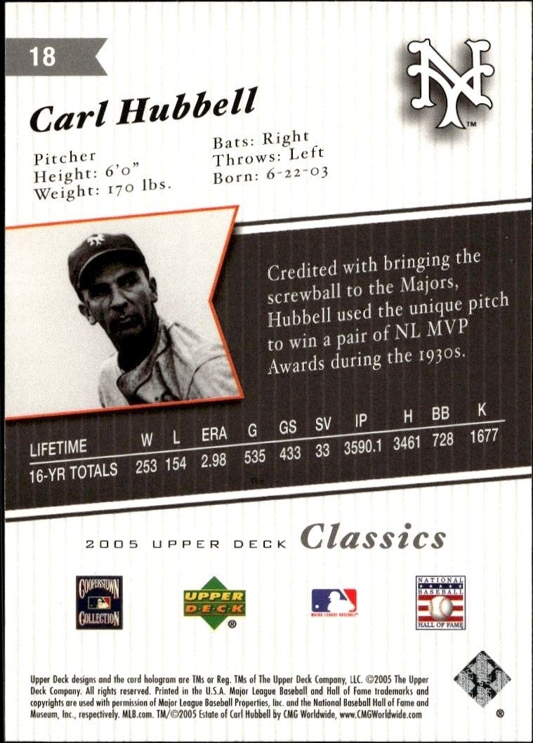 2005 Upper Deck Classics Carl Hubbell #18 baseball trading card back