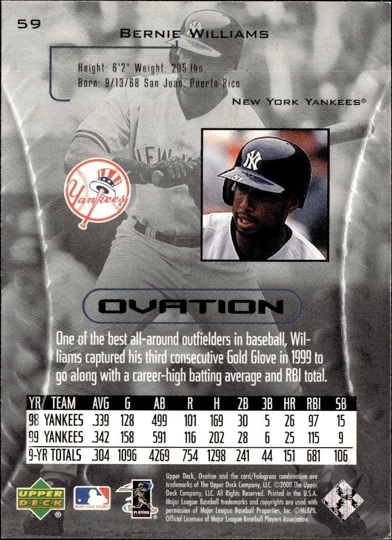 2000 Upper Deck Ovation Bernie Williams #59 baseball trading card back