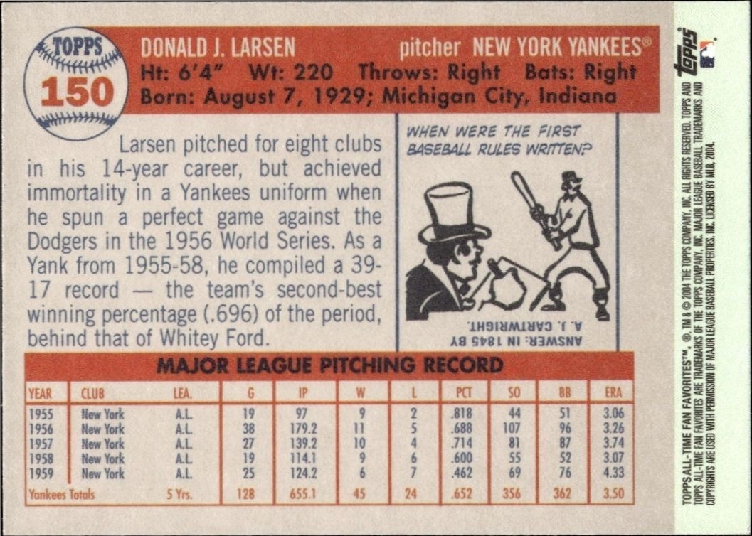 2004 Topps All-time Fan Favorites Don Larsen #150 baseball trading card back