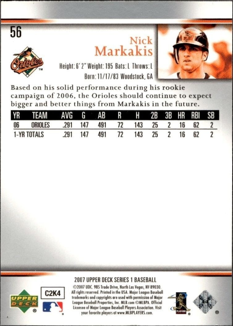 2007 Upper Deck Nick Markakis #56 baseball trading card back