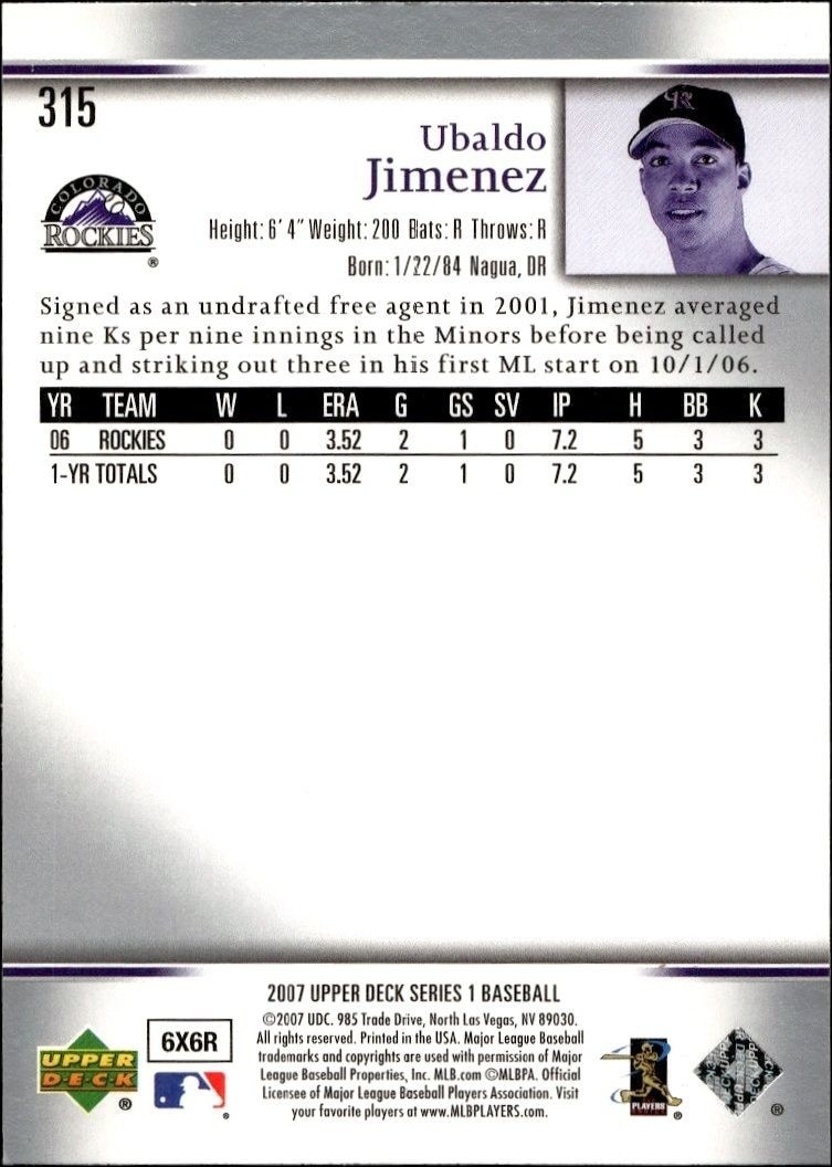 2007 Upper Deck Ubaldo Jimenez #315 baseball trading card back