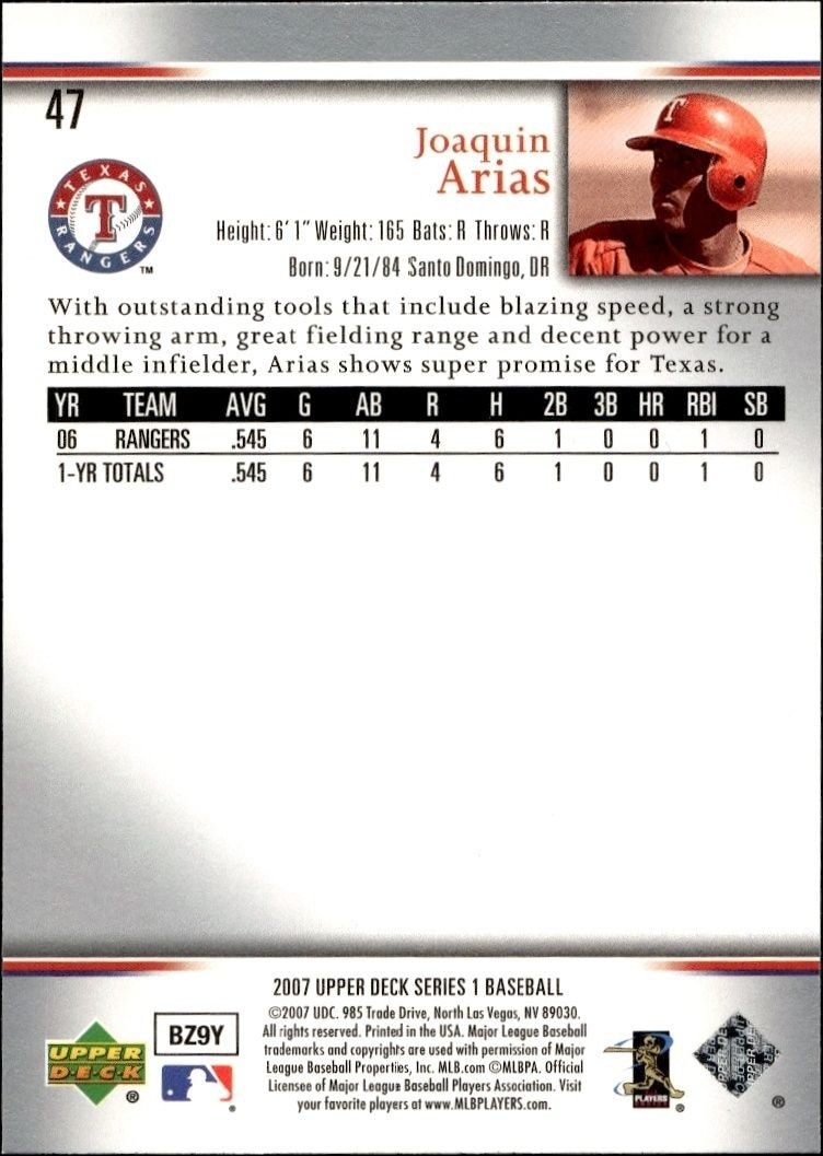 2007 Upper Deck Joaquin Arias #47 baseball trading card back