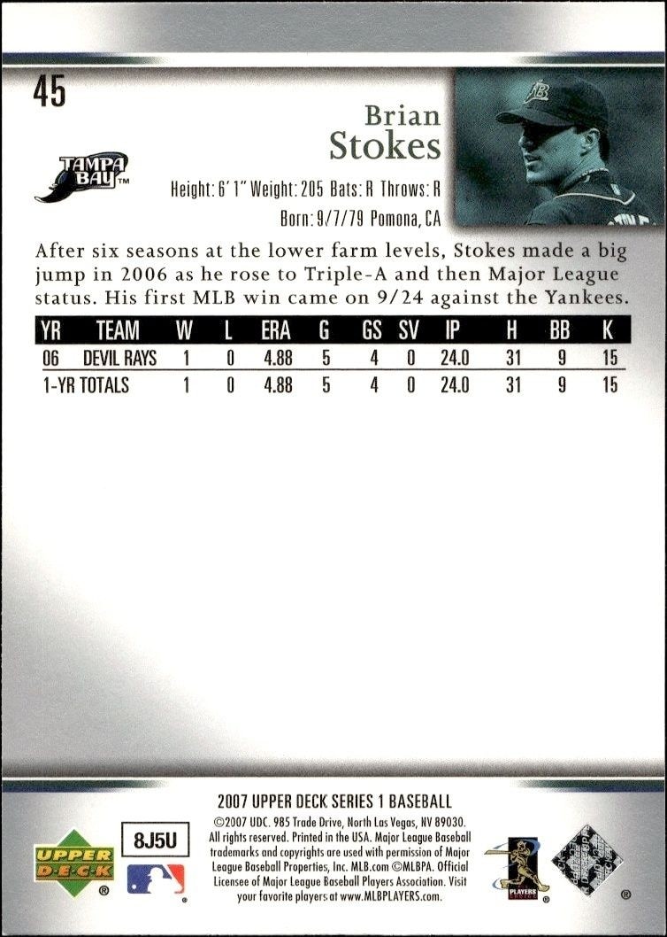 2007 Upper Deck Brian Stokes #45 baseball trading card back