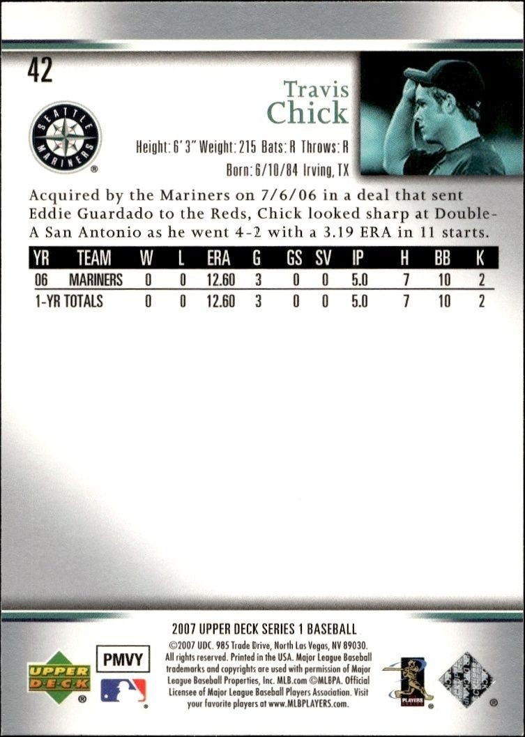 2007 Upper Deck Travis Chick #42 baseball trading card back