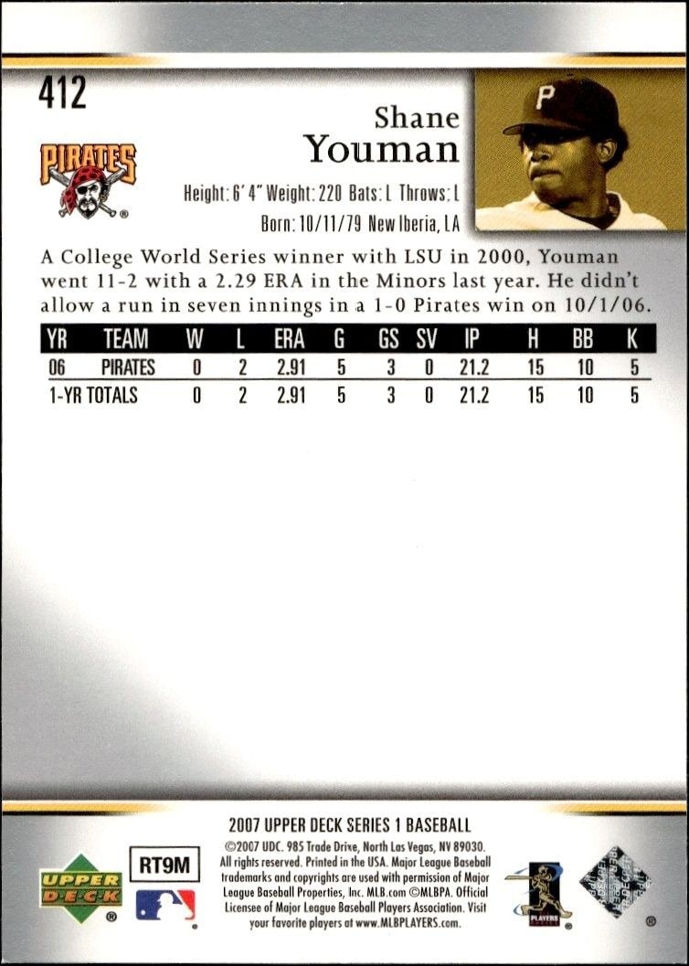 2007 Upper Deck Shane Youman #412 baseball trading card back