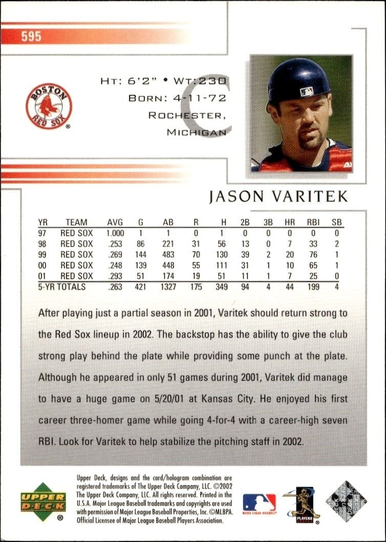 2002 Upper Deck Jason Varitek #595 baseball trading card back