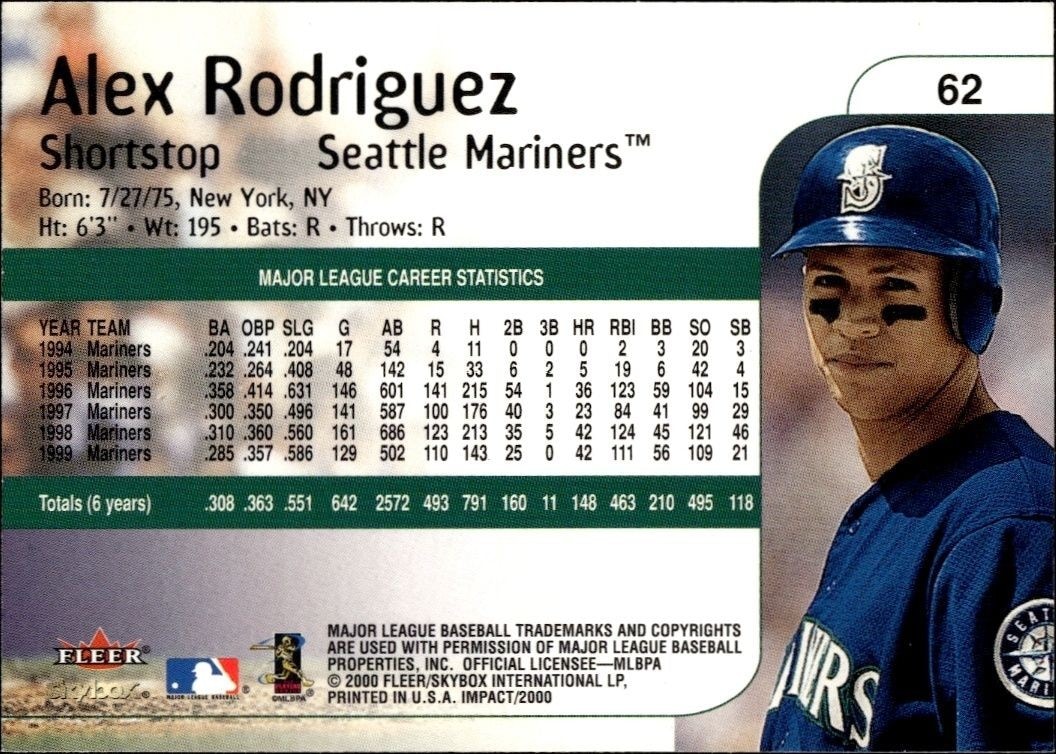 2000 Fleer Impact Alex Rodriguez #62 baseball trading card back