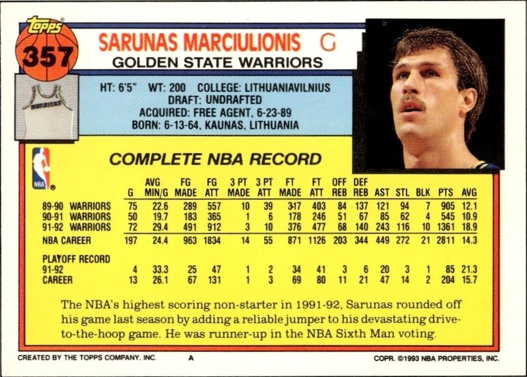 1992-93 Topps Sarunas Marciulionis #357 basketball trading card back