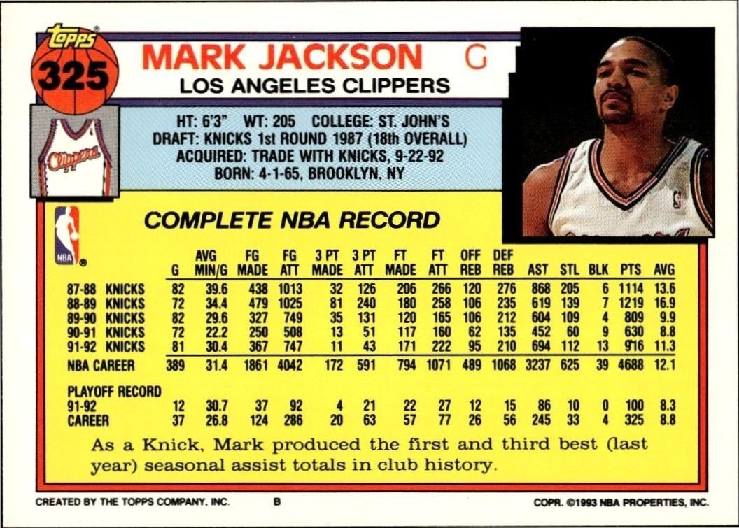 1992-93 Topps Mark Jackson #325 basketball trading card back