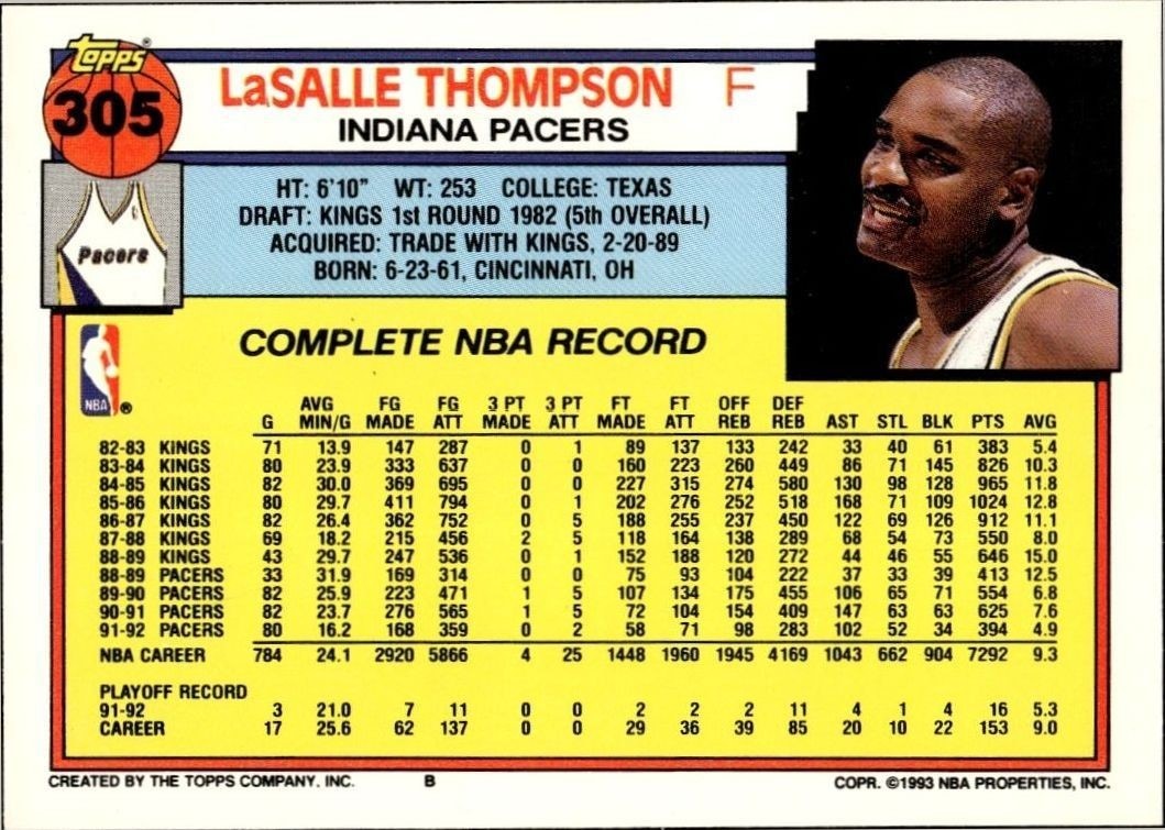 1992-93 Topps LaSalle Thompson #305 basketball trading card back
