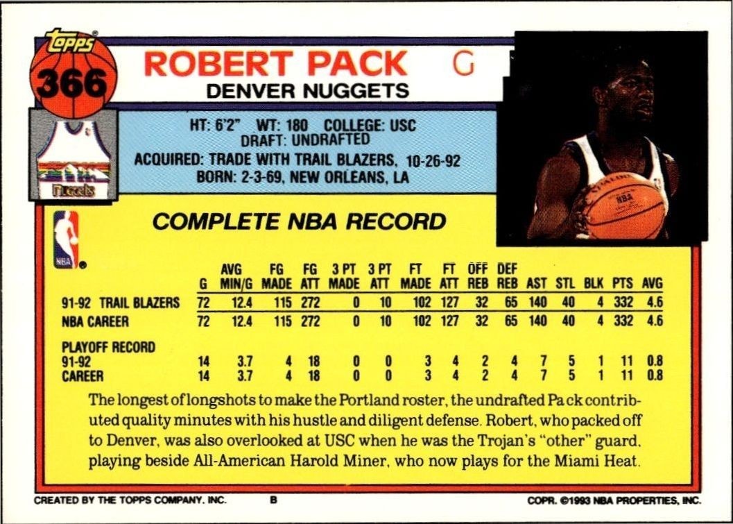 1992-93 Topps Robert Pack #366 basketball trading card back