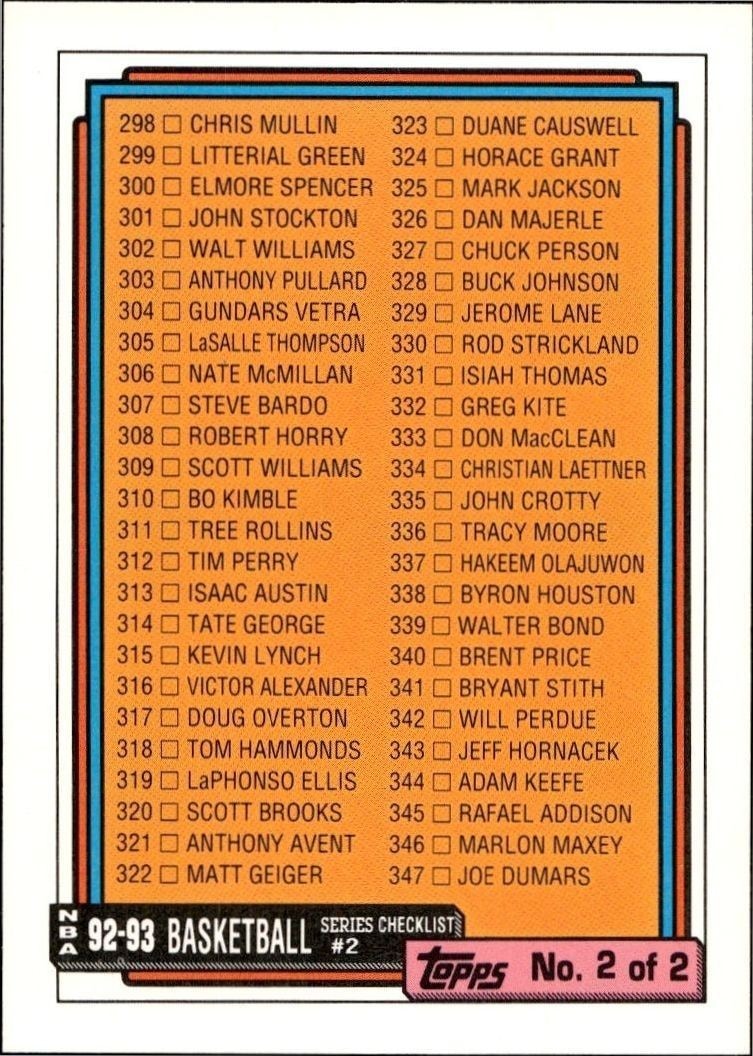 1992-93 Topps Checklist #396 trading card