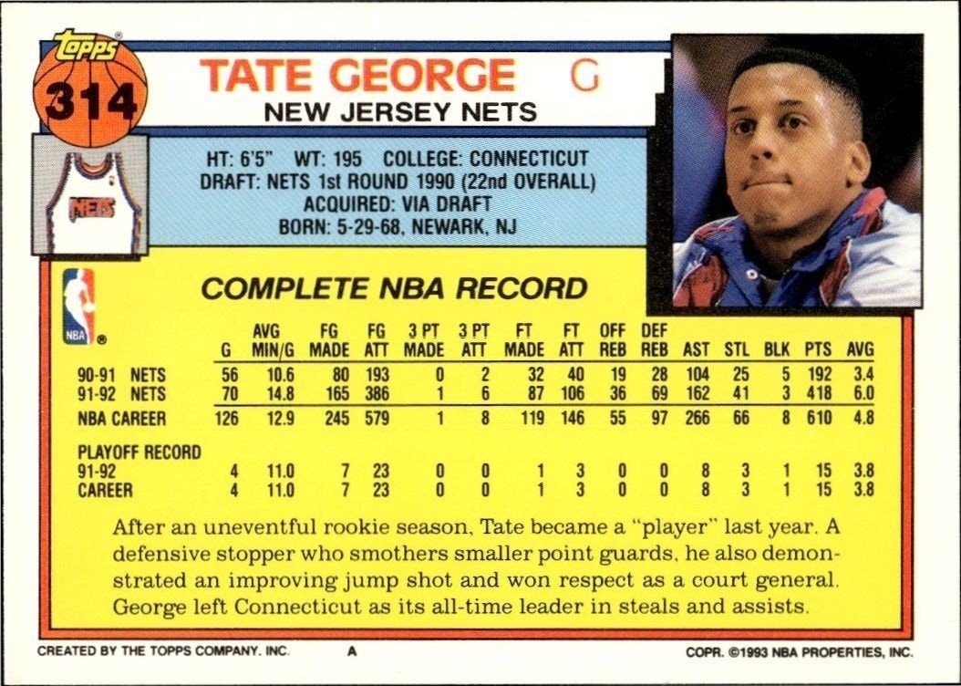 1992-93 Topps Tate George #314 basketball trading card back