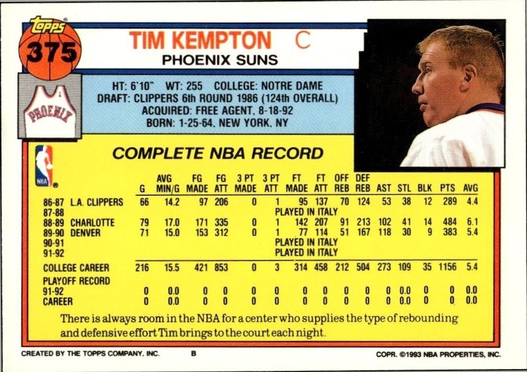1992-93 Topps Tim Kempton #375 basketball trading card back