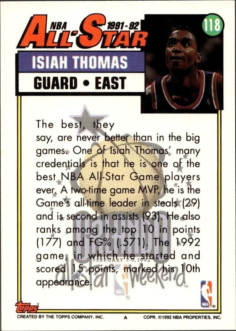1992-93 Topps Isiah Thomas #118 basketball trading card back