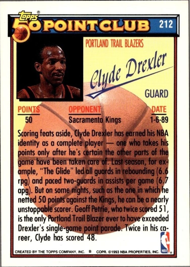 1992-93 Topps Clyde Drexler #212 basketball trading card back