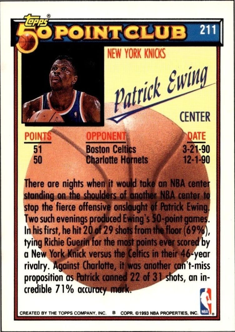 1992-93 Topps Patrick Ewing #211 basketball trading card back