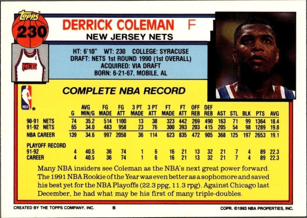 1992-93 Topps Derrick Coleman #230 basketball trading card back