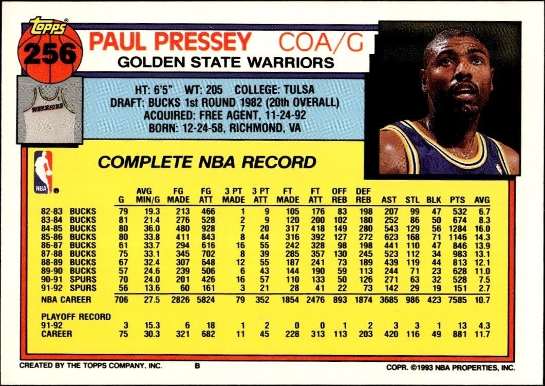 1992-93 Topps Paul Pressey #256 basketball trading card back