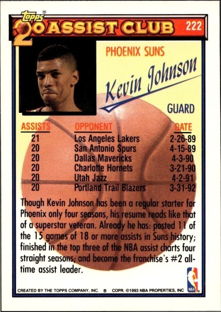 1992-93 Topps Kevin Johnson #222 basketball trading card back