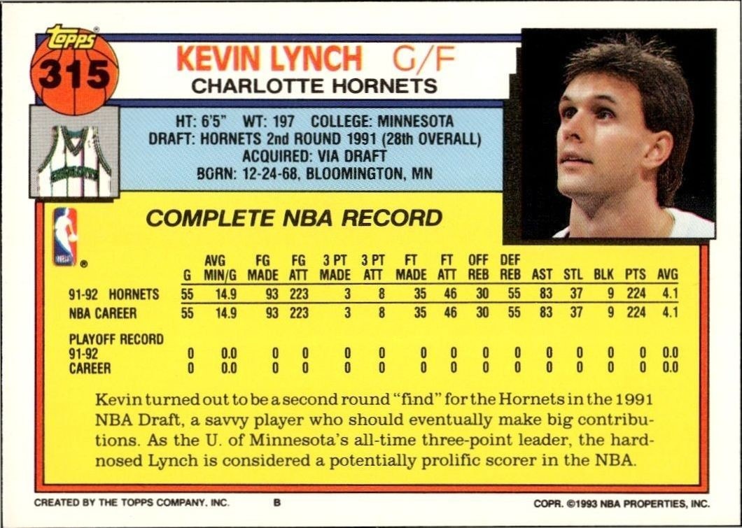 1992-93 Topps Kevin Lynch #315 basketball trading card back