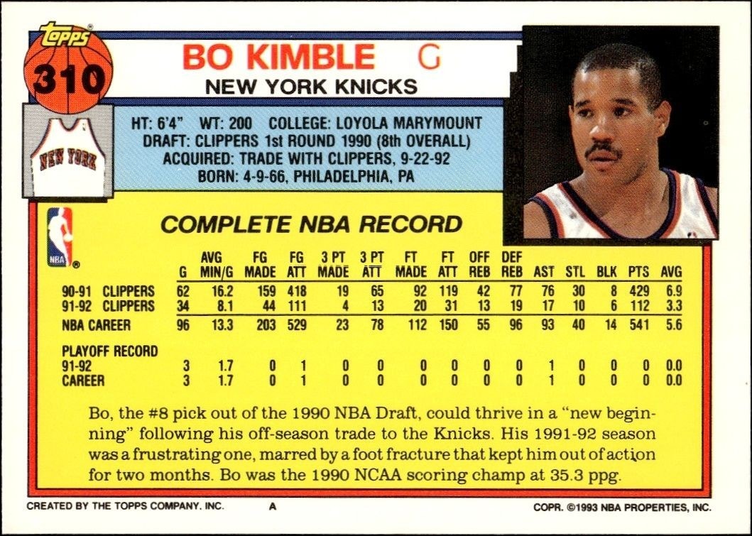1992-93 Topps Bo Kimble #310 basketball trading card back