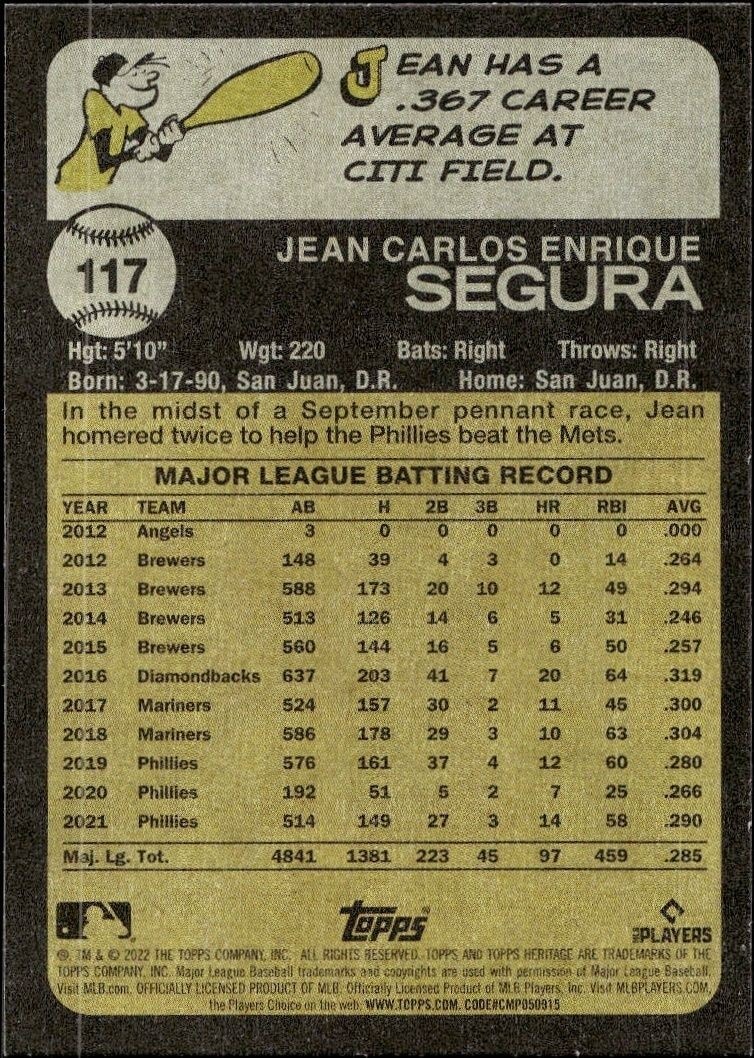 2022 Topps Heritage Jean Segura #117 baseball trading card back