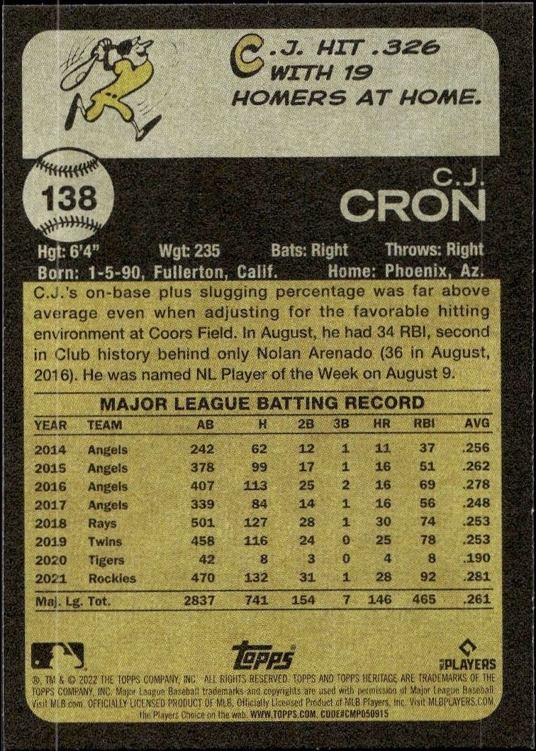 2022 Topps Heritage C.J. Cron #138 baseball trading card back