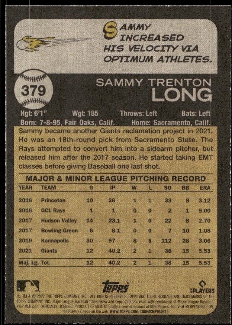 2022 Topps Heritage Sammy Long #379 baseball trading card back