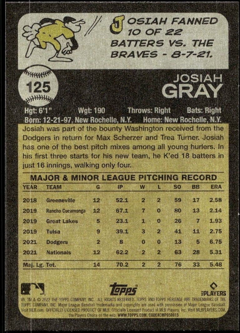 2022 Topps Heritage Josiah Gray #125 baseball trading card back