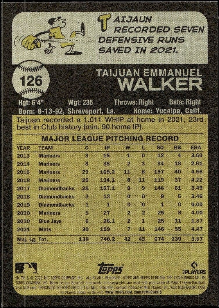 2022 Topps Heritage Taijuan Walker #126 baseball trading card back