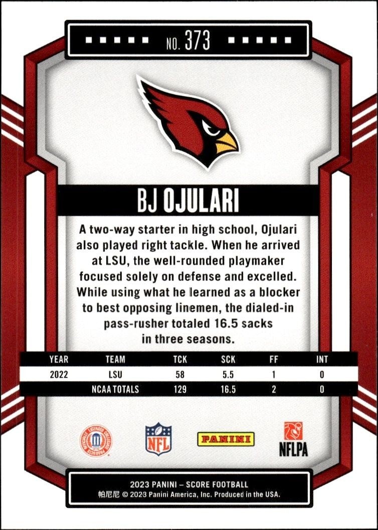 2023 Panini Score Bj Oujari #373 football trading card back