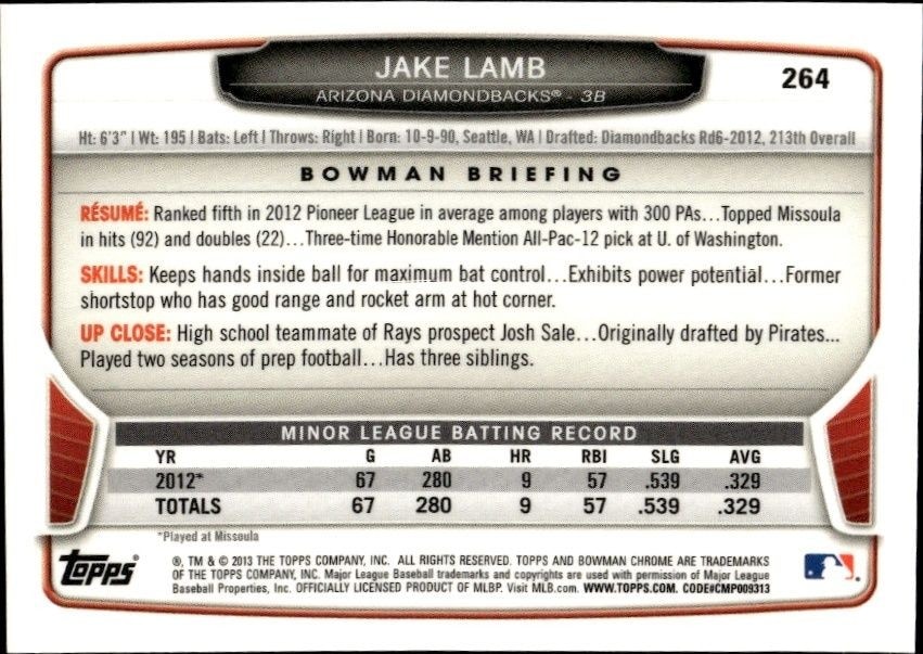 2013 Bowman Chrome Jake Lamb #264 baseball trading card back