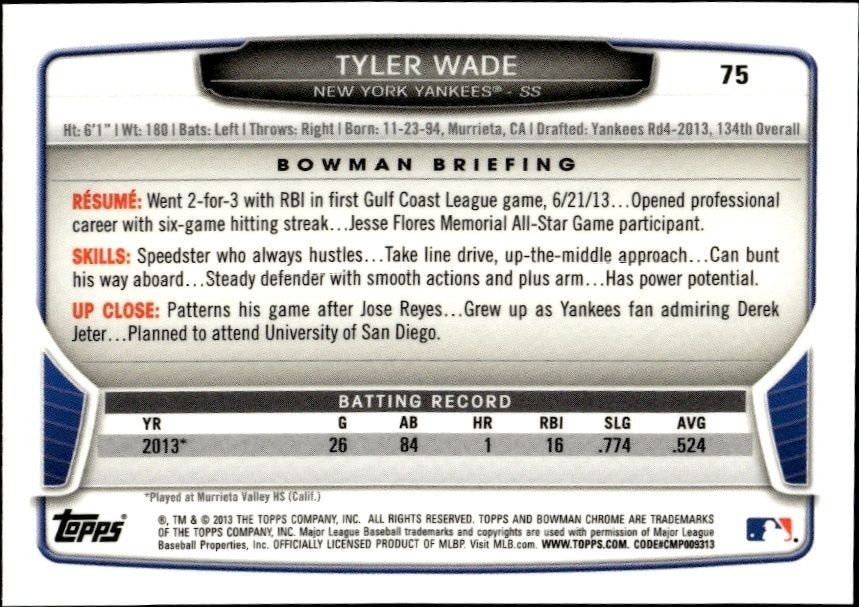 2013 Bowman Chrome Tyler Wade #75 baseball trading card back