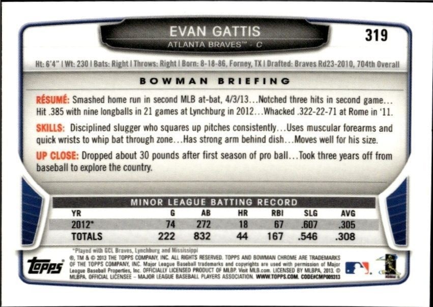 2013 Bowman Chrome Evan Gattis #319 baseball trading card back