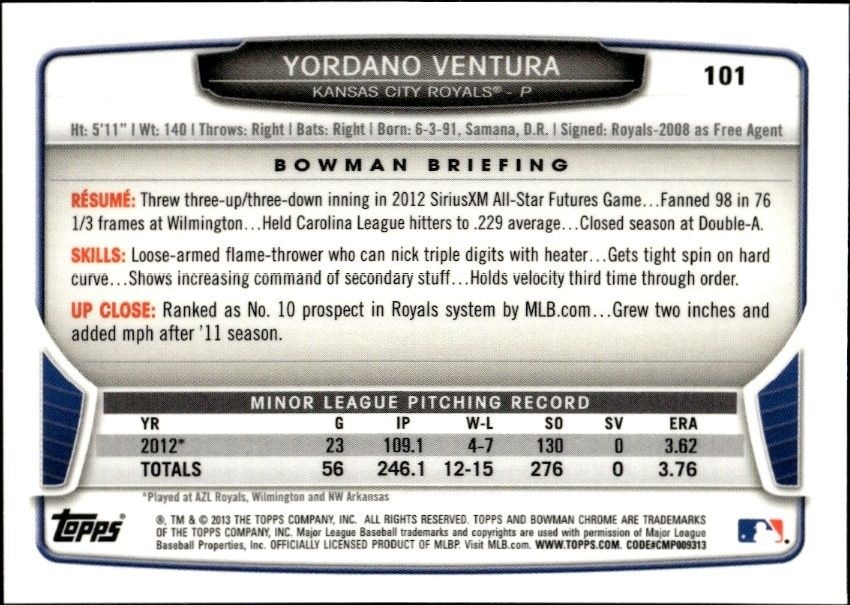 2013 Bowman Chrome Yordano Ventura #101 baseball trading card back