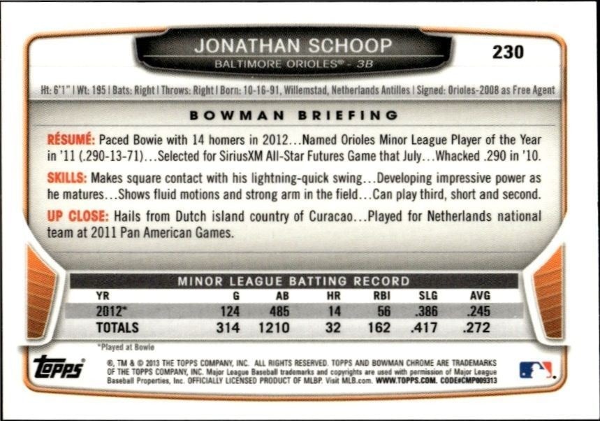 2013 Bowman Chrome Jonathan Schoop #230 baseball trading card back