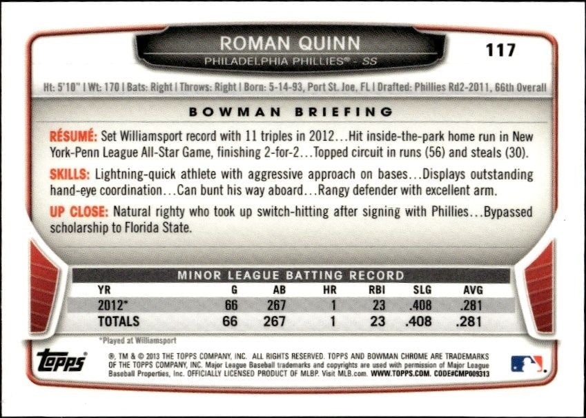 2013 Bowman Chrome Roman Quinn #117 baseball trading card back