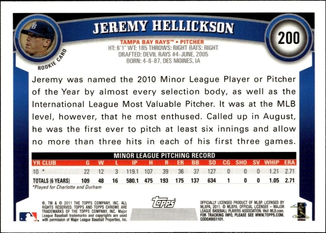 2011 Topps Chrome Jeremy Hellickson #200 baseball trading card back