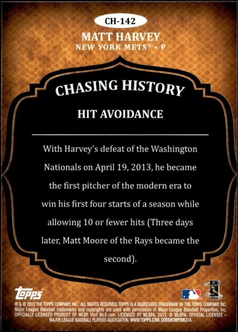 2013 Topps Update Matt Harvey #CH-142 baseball trading card back