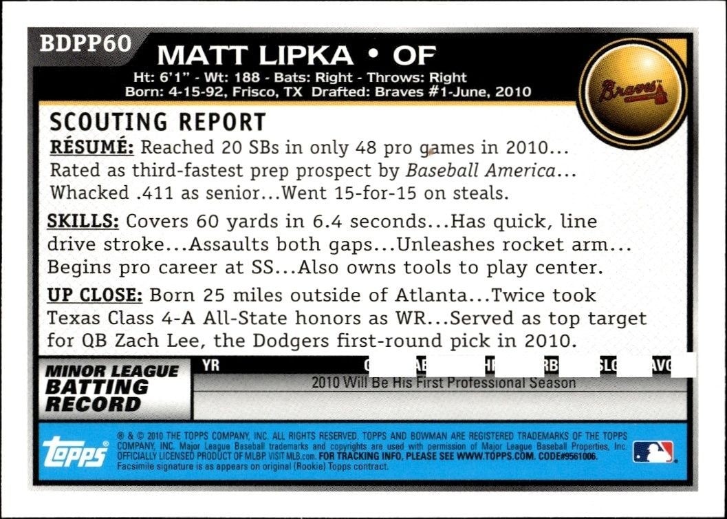 2010 Bowman Draft Picks & Prospects Matt Lipka #BDPP60 baseball trading card back