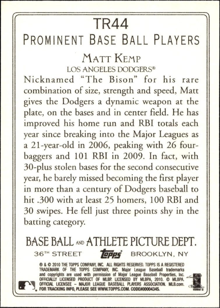 2010 Topps Turkey Red Matt Kemp #TR44 baseball trading card back