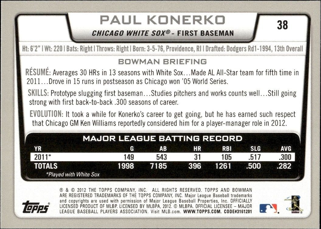 2012 Bowman Paul Konerko #38 baseball trading card back