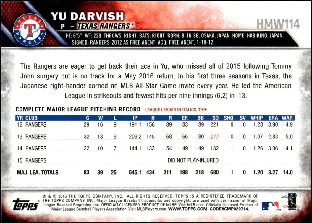 2016 Topps Holiday Yu Darvish #HMW114 baseball trading card back