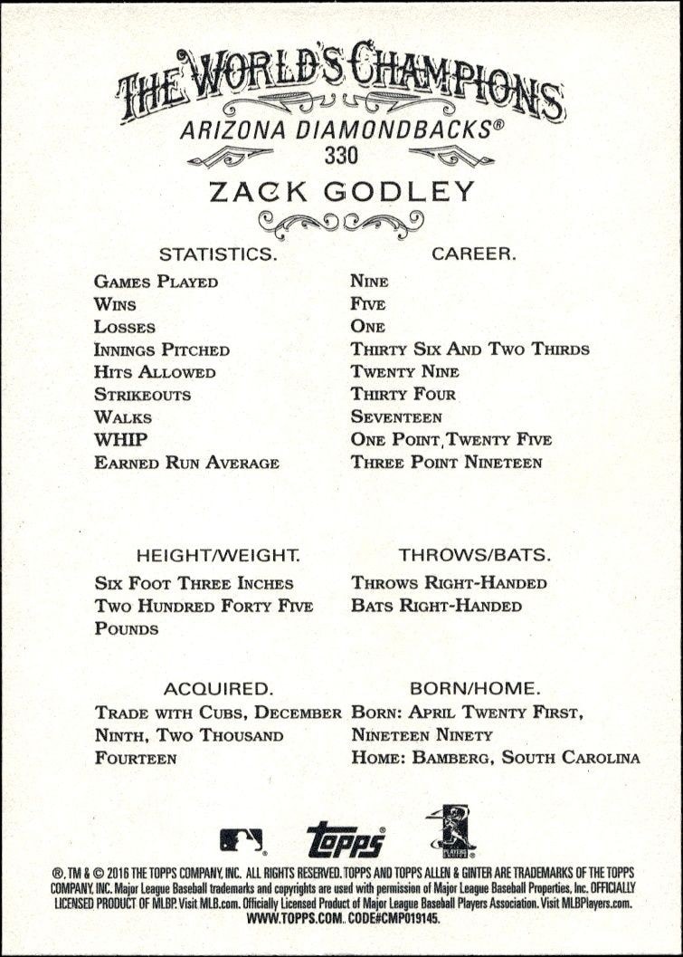 2016 Topps Allen & Ginter Zack Godley #330 baseball trading card back